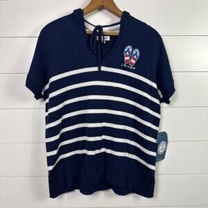 Life Is Good Hoodie Sweater Short Sleeve Knit Stretch Navy Blue Stripe sz M